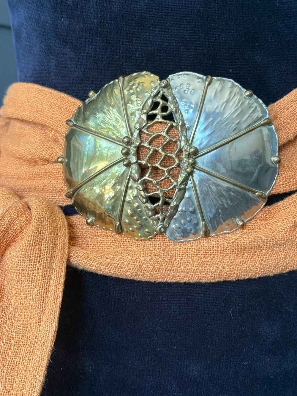 Vintage MCM 2 tone belt/scarf slide, artisan unsigned. Non magnetic